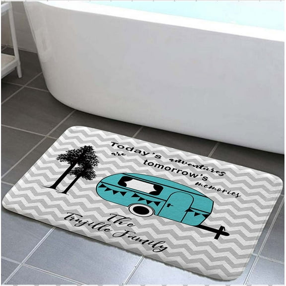 Camper RV Bath Mat,Morden Trailer Travel with Tree on Chevron Zig-Zag Gray Grey White Stripes Camping Soft Flannel 3D Print Rug Kitchen Bedroom Indoor for Stall Travel Trailers,16X24in