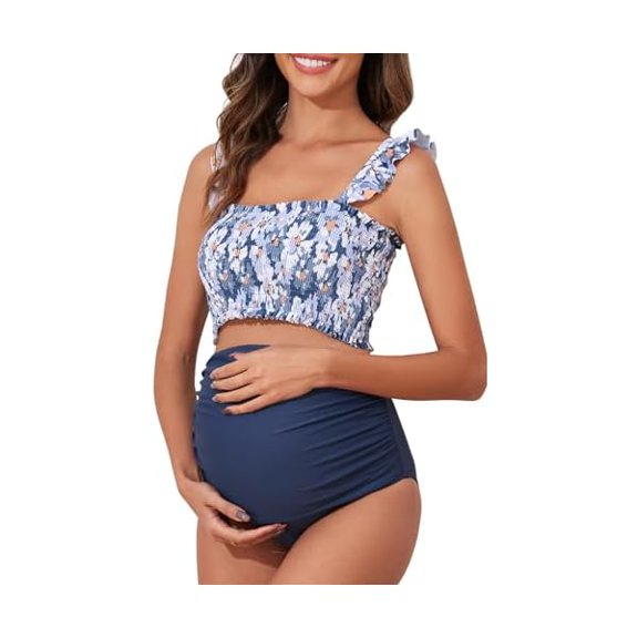 Maternity High Waist Bikini Swimsuit Two Piece Ruffled Hem Cute Bathing Suit Floral Pregnancy Swimwear