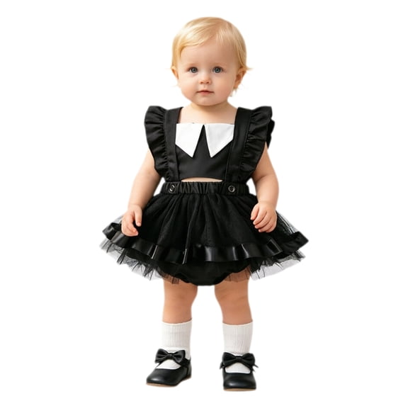 XAOFW Baby Girls Halloween Party Rompers Dress Flutter Sleeve Lapel Collar Ruffle Backless Bodysuit Breathable Onesie 18-24 Months