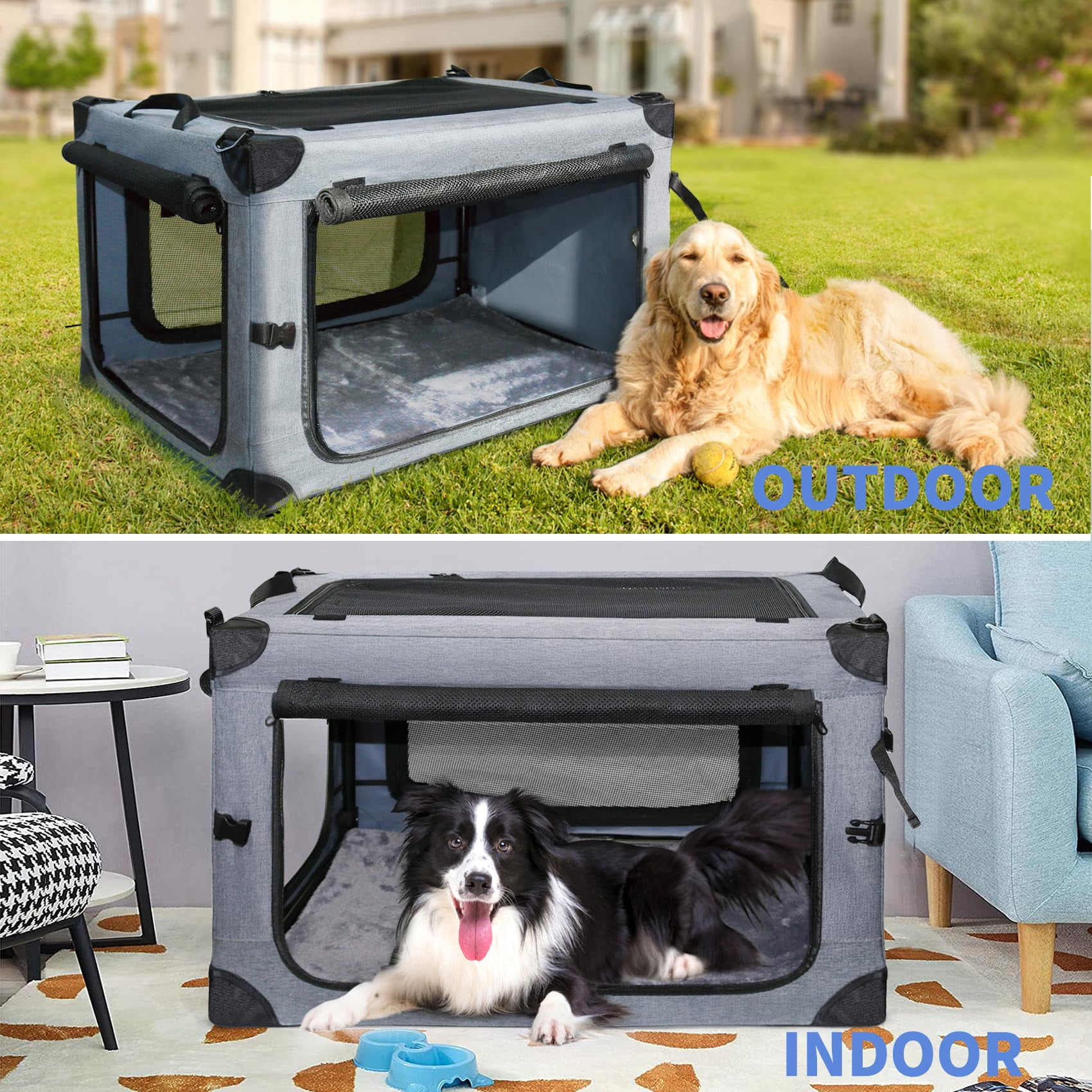 Collapsible Dog Crates For Large Dogs Portable Soft Sided Travel Carrier Indoor & Outdoor  4-door Foldable Pet Kennel With Durable Mesh Windows (gray 30.0" L X 20" W 20.0" H)