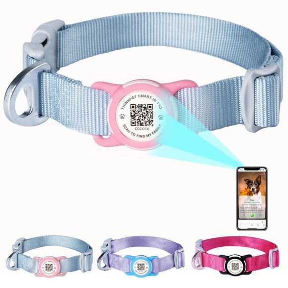 ThinkPet Airtag Holder Nylon Dog Collar with Smart ID QR Code Tag: Prevents Dogs from Getting Lost at Night, Displays Owner and Pet Details. Waterproof, Durable, Adjustable, Thick-Teal-S