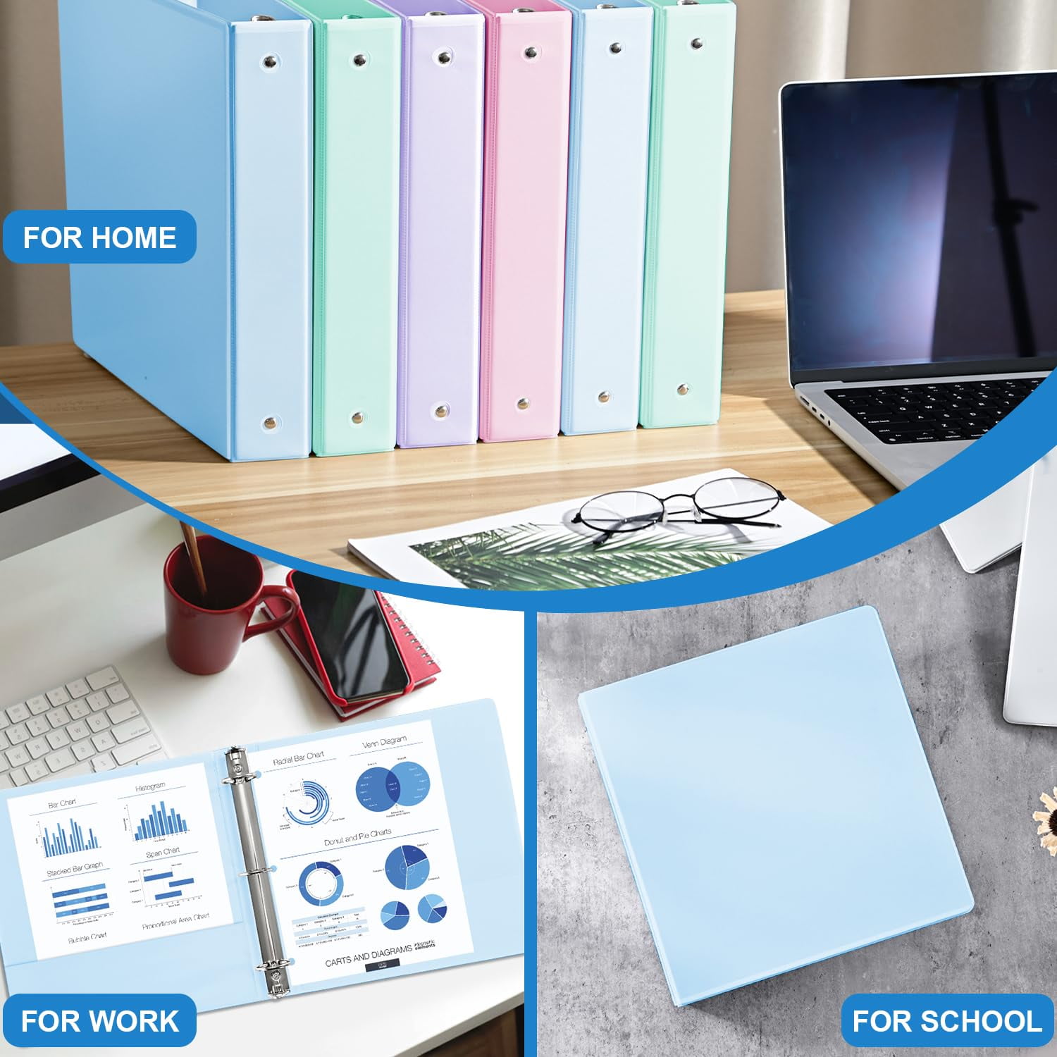 4-Pack 3 Ring Binders, 1.5 Inch Round O-Ring View Binders, Holds 200 Letter Size Sheets, with Pockets, Assorted Colors
