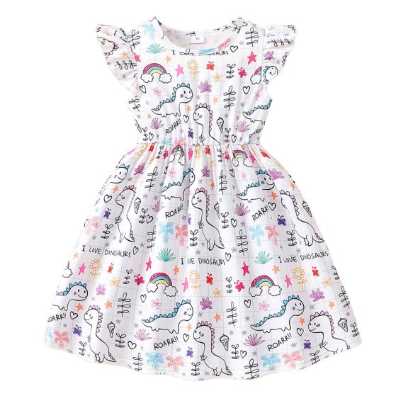 Bysome Kids Girls Dress Cartoon Dinosaur Print Short Sleeve Crew Neck Summer Breathable Toddler Girls Dresses Size 3-4 Years White