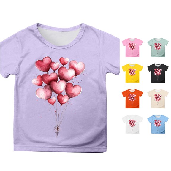 Girls Summer Short Sleeve T Shirt Cute Cartoon Heart Balloon Print Casual Top for Children Toddler Girl Fall Outfits 1-2 Years