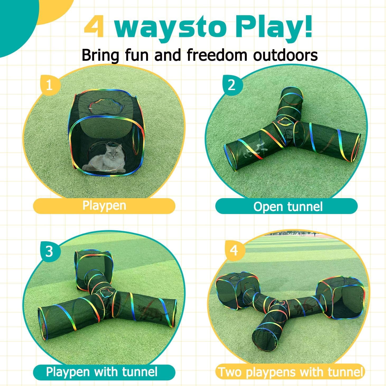 Outdoor Rainbow Cat Enclosures Playground,Outside House for Indoor Cats Include Portable Tent, 3 Way with 2 Cube Tunnel, for Kitty and Small Animals,Within Storage Bag