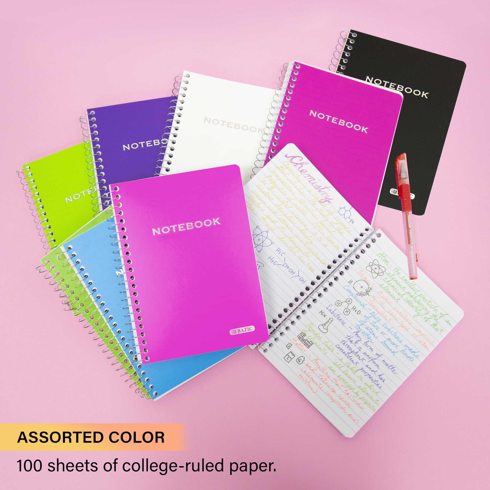 BAZIC College Ruled Poly Cover Spiral Notebook 100 Sheet 5" x 7", Assorted Color, 36-Pack