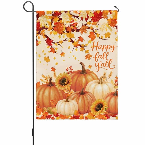 Thanksgiving Garden Flags For Outdoor, Happy Fall Beige Pumpkin Orange Maple Leaf Country Small Double Side Yard Flags Weather Proof Garden Decor for Lawn Outside Holiday 12 x 18 Inches