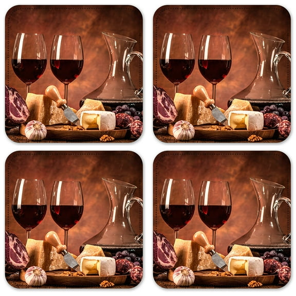 Vinyl Drink Coasters - Set of 4 - Red Wine, Meat & Cheese