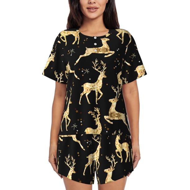 Fotbe Christmas Gold Deers Conjunto de Pijama Estampado para Mujer, 2 Piezas, Ropa de Dormir con Camiseta de Manga Corta y Shorts Suaves-Medium