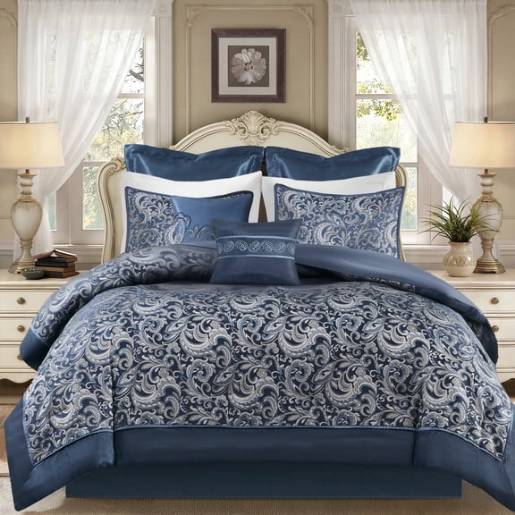 Regency Heights 8 Pieces Jacquard Comforter Set with Bedskirt and Decor Pillows, Queen, Navy