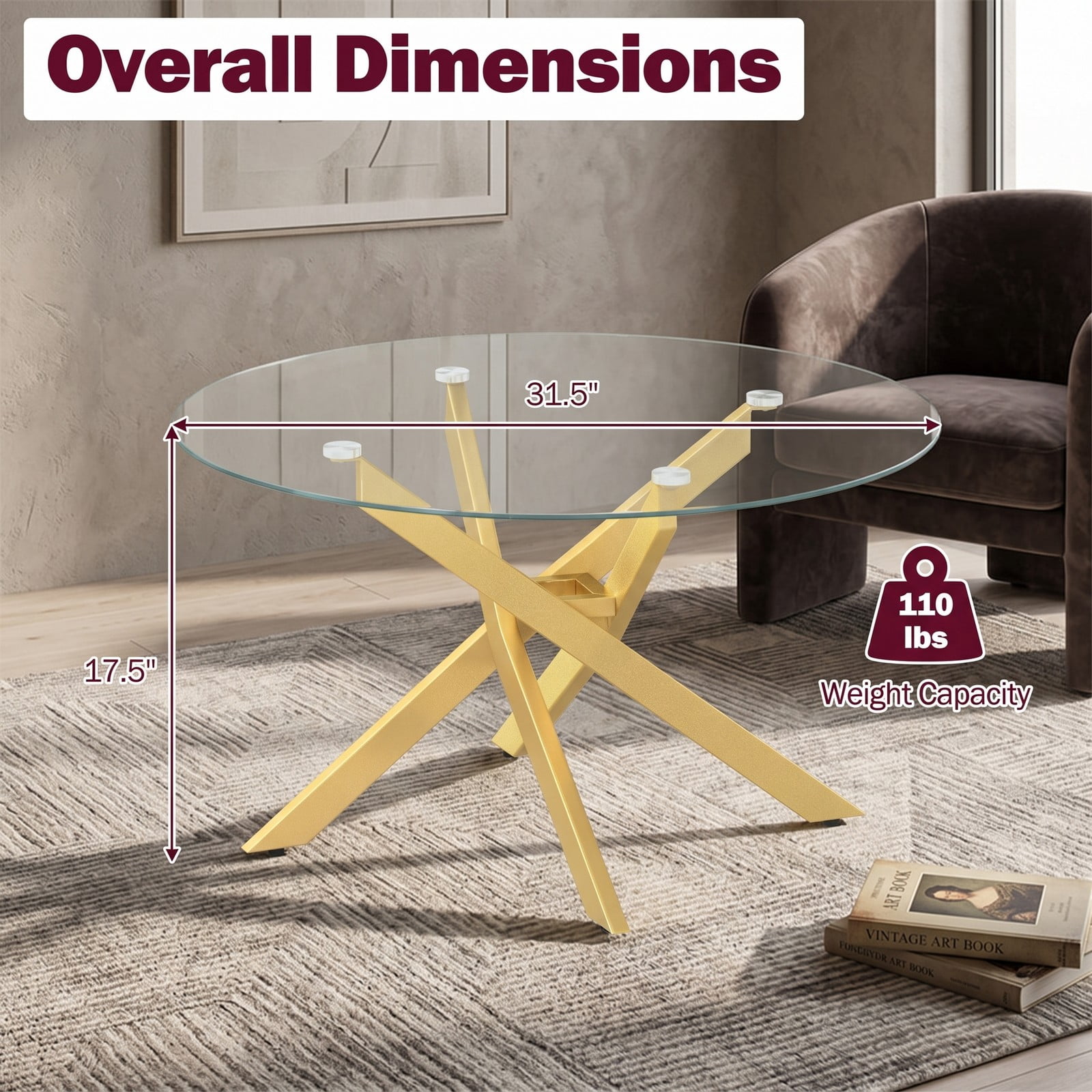 Furnibear Round Glass Coffee Table, Tempered Glass Top Center Table with Geometric Gold Metal Frame for Living Room, Adjustable Foot Pads, Modern Clear & Gold