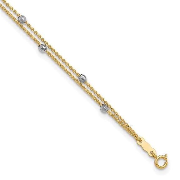 Primal Gold 14 Karat Two-Tone 2 Stand Spiga Mirror Beads 9-inch Plus 1-inch Extension Anklet