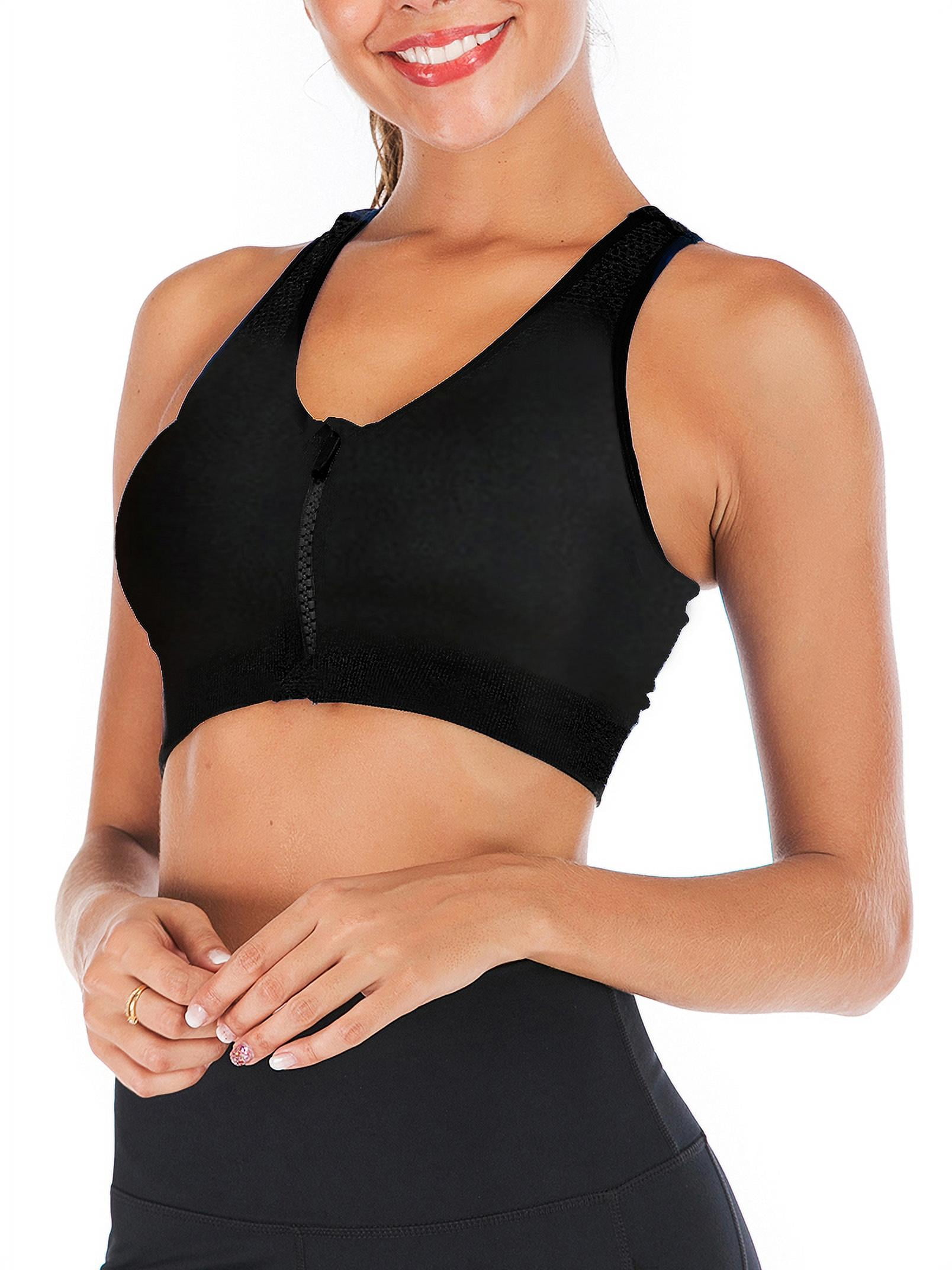 2pcs Women's Zip Front Sports Bra Wireless Post-Surgery Bra Active Yoga  Sports Bras(black+flesh) 