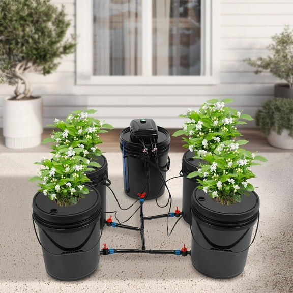 ToppiJoy 5 Hydroponic Buckets Kit 20L Deep Water Culture Hydroponics Grow System with Pump, Air Stone and Water Level Device for Indoor/Outdoor Herbs, Vegetables