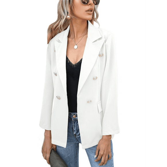 Women Blazer Jacket Business Casual Open Front Business Casual Lapel Elegant Coat with Pockets White M