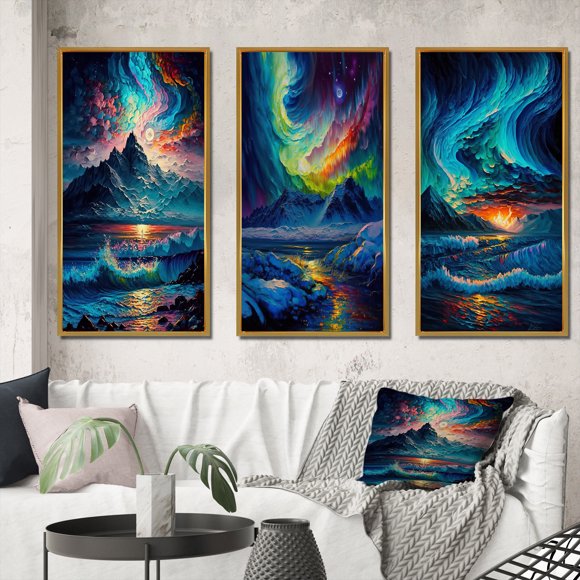 Designart "Mystical Arctic Mountains Aurora Borealis III" Beach Framed Wall Art Set Of 3 - Blue Coastal Beach Frame Canvas Set For Living Room Decor