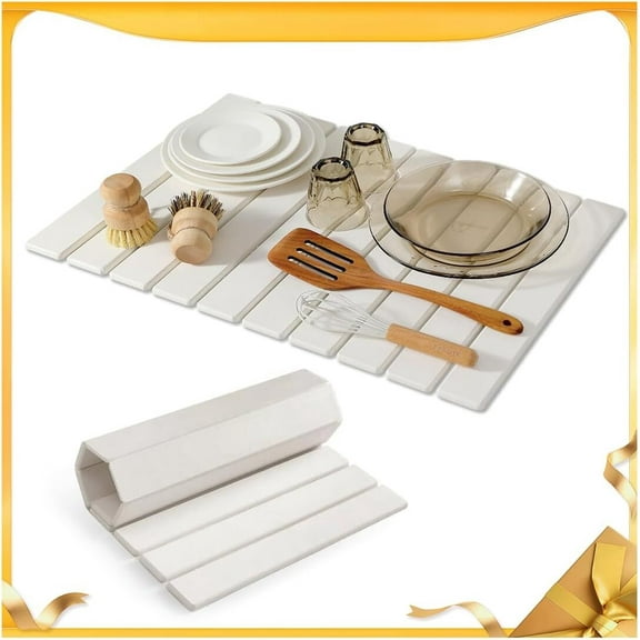 Large Stone Drying Mat for Kitchen Counter, 24''L x 16''W Diatomaceous Earth Collapsible Dish Drying Mat, Quick Drying Mat for Dishes, Glasses and Flatware