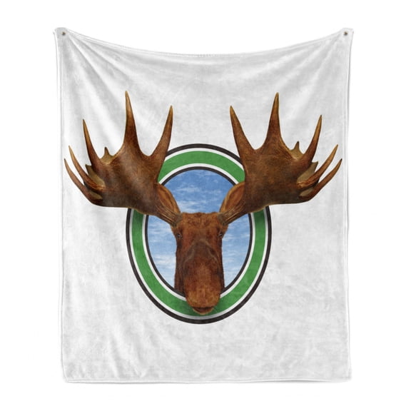 Moose Soft Flannel Fleece Throw Blanket, Symbolic Northern Fauna with Deer Head Humorous Natural Preservation Image, Cozy Plush for Indoor and Outdoor Use, 70" x 90", Green Brown, by Ambesonne