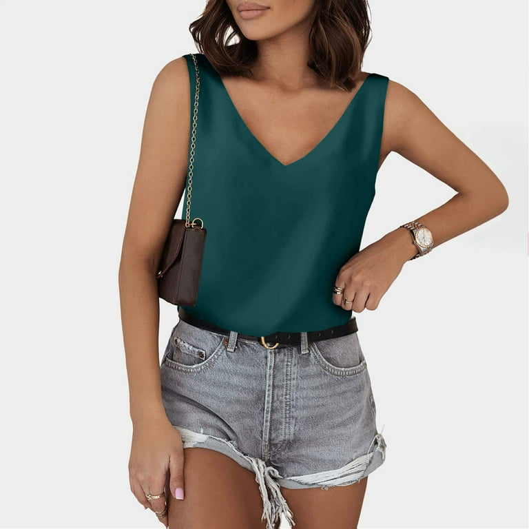 Womens Camisoles Women V-Neck Summer Satin Sleeveless Blouse Basic Solid  Camisole Shirts Tank Tops ,Gold,L 