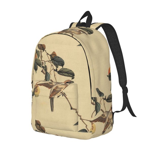 Disketp Vintage Bird print Canvas Backpack Lightweight Travel Daypack Student Rucksack Laptop Backpack-Medium