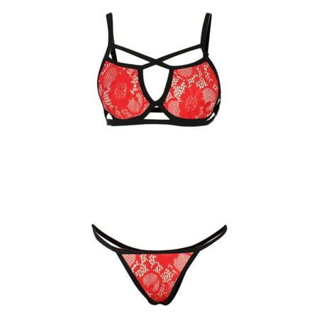 

LONKITO Bikini Sets for Women Lingerie Corset Lace Free Wire Racy Muslin Sleepwear Underwear Tops+Briefs Red XL