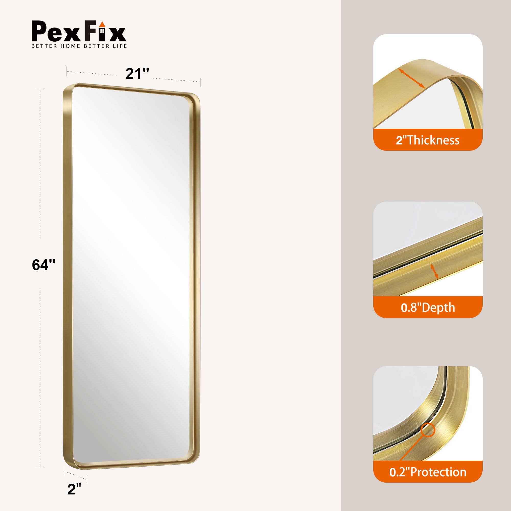 MAYEERTY 64"x21" Aluminum Alloy Wall Mount Rounded Corner Rectangular Mirror,Gold no stand