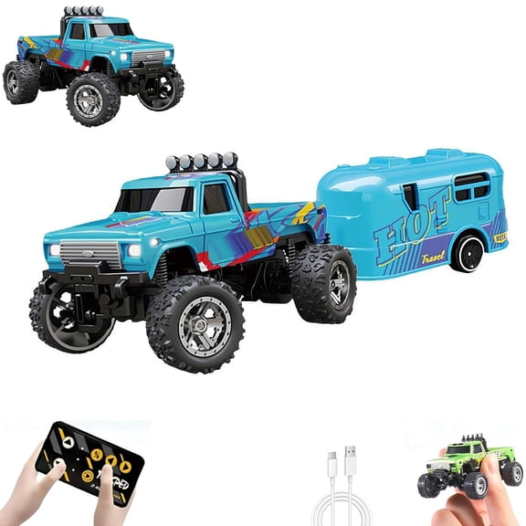 Mini RC Car, 1/64 Scale Mini Remote Control Monster Truck with Trailer, 2.4Ghz & APP Remote Control Rechargeable Alloy Shell RC Cars with Lights, Speed/Steering Adjustable