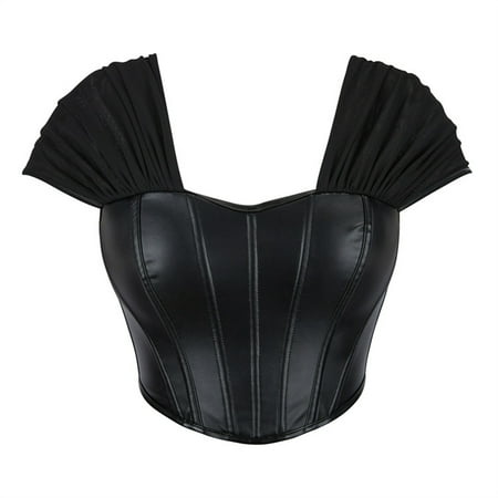 Generic Women s Off Shoulder Mesh Corset Bustier Short Sleeve Ruched Zip Back Sexy Crop Top