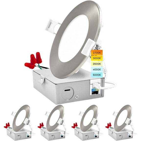 Luxrite 4" Ultra Thin LED Recessed Light with J-Box 10W 5 Color Options Dimmable 750 Lumens Brushed Nickel 4 Pack