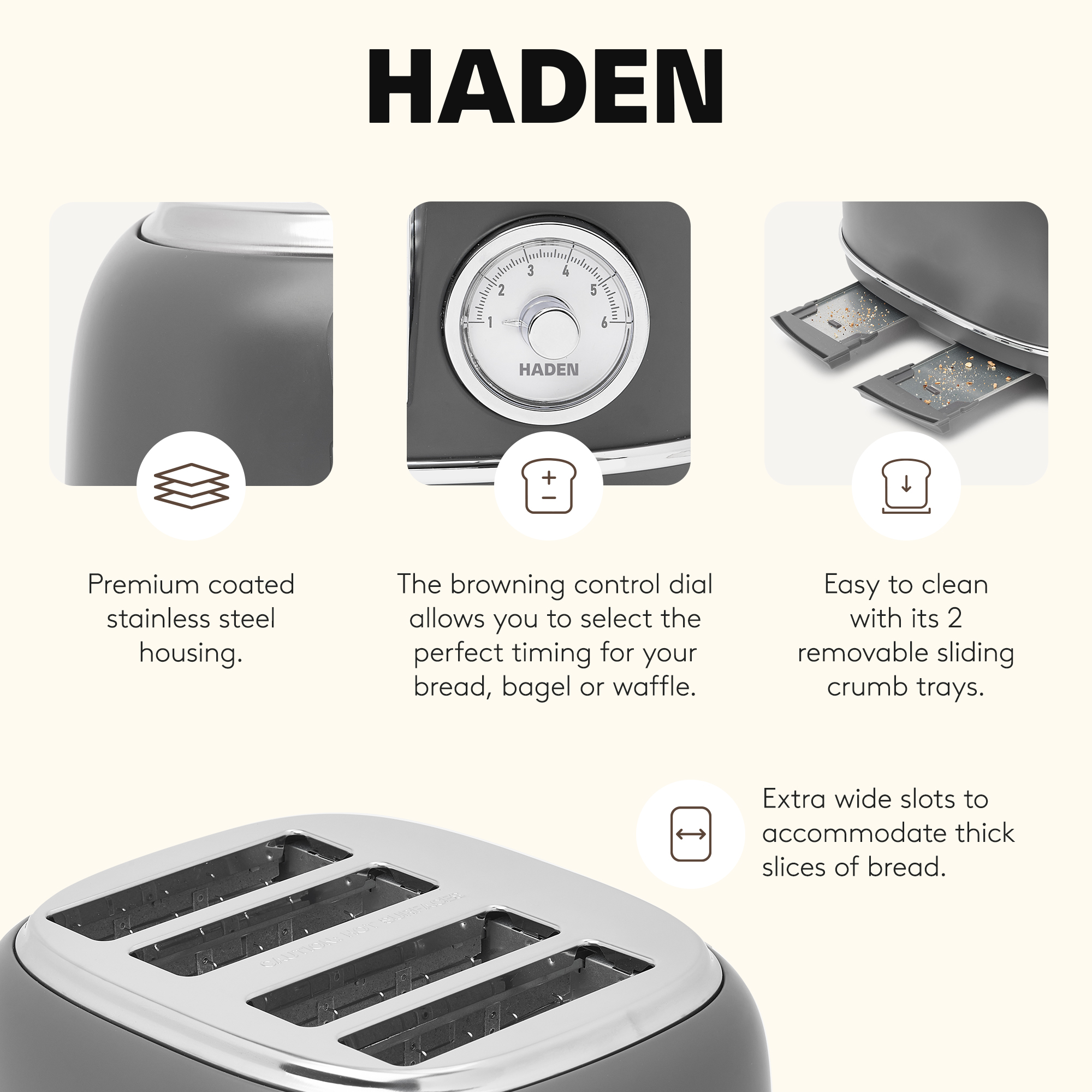 Haden Chelsea Stainless Steel 4 Slice Toaster w/Extra Wide Slots, Grey