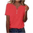 thumbnail image 3 of Loopsun Womens Summer Tops Plus Size, T Shirts for Women, Women's V Neck Short Sleeve Solid Button Casual Fashion T Shirt Top Watermelon Red, XL, 3 of 5