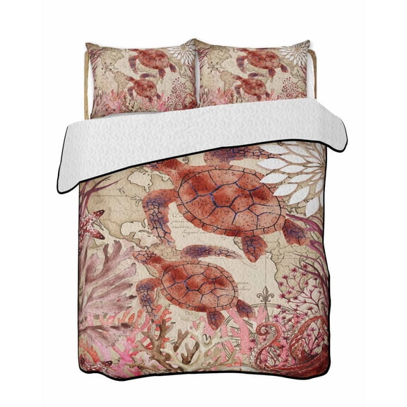 Quilt King Size Bedding Set, Ocean Red Turtles Reversible Summer Quilt 3 Pieces, Coastal Coral Seagrass Vintage World Map Lightweight Bedspreads Coverlets with 2 Pillow Shams for All Seasons