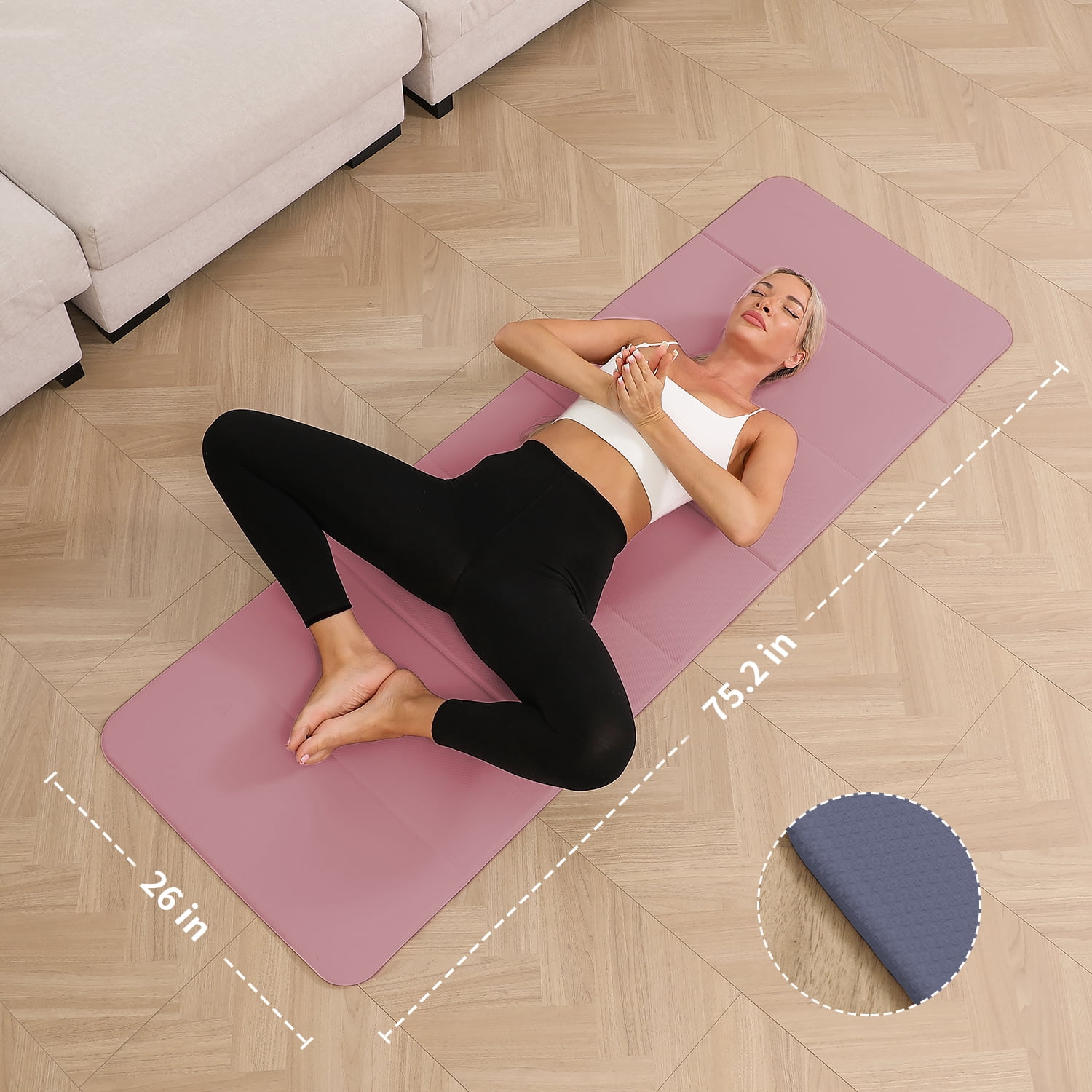 Frach Foldable Yoga Mat Pilates Exercise MatEco TPE 0.4 Inch Thick for Workouts Travel and Home,Quick Fold Stable Grip 75"x26"(Pink+Silver)