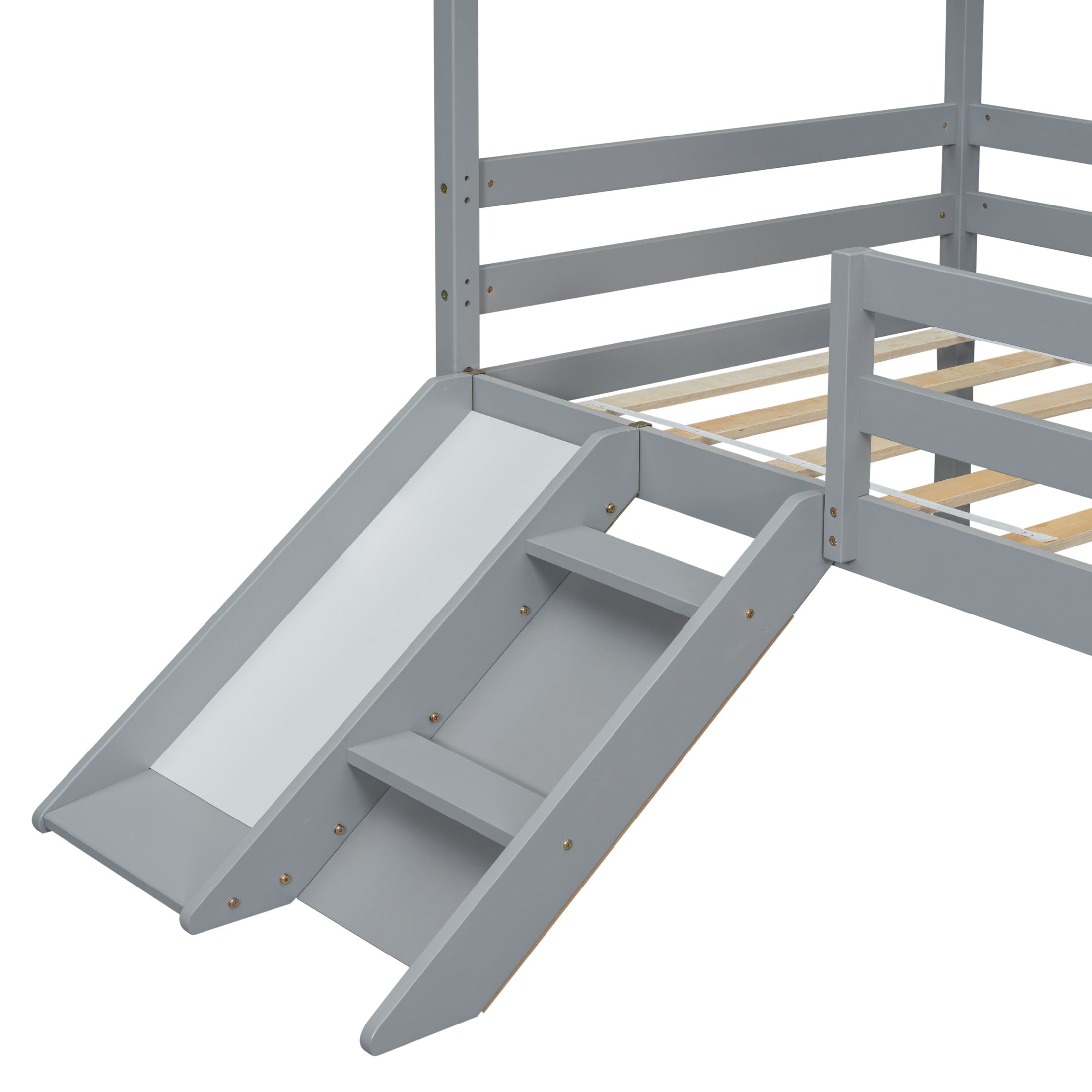 Aukfa Twin Low Loft Bed with Slide for Kids, Wood House Roof Bed Frame for Girls/Boys Bedroom, Gray