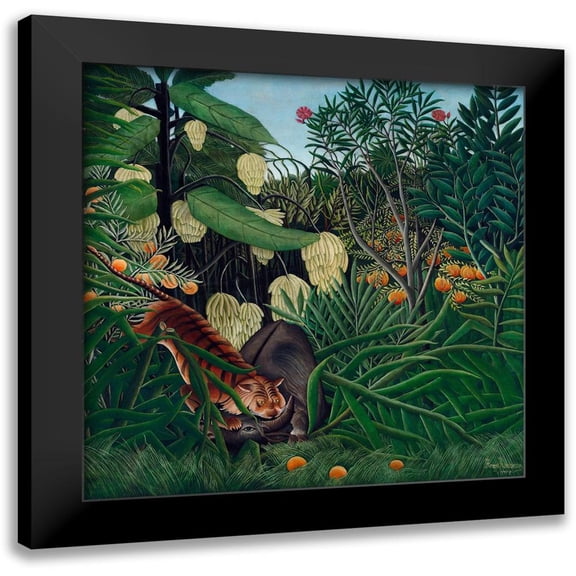 Rousseau, Henri 12x12 Black Modern Framed Museum Art Print Titled - Fight between a Tiger and a Buffalo 1908