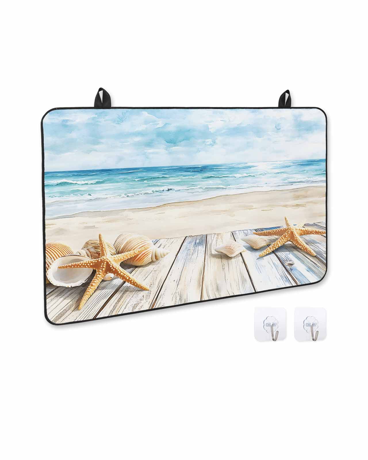nqOlkjepod Large Induction Cooktop Protector Mat 36"x21", Summer Coastal Stove Top Covers for Electric Stove, Watercolor Ocean Waves Seaside Starfish Stove Burner Cover Mats, Glass Top Stove Cover