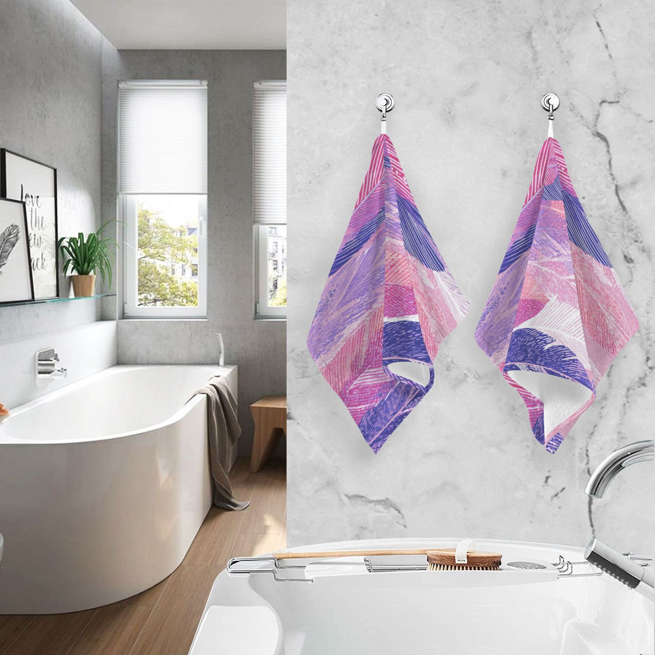 2 Pieces of Cotton Towel Face Towel Set Hand Towel Bath Towel Cotton Bath Towel Sets Magenta Plume Watercolor Strokes