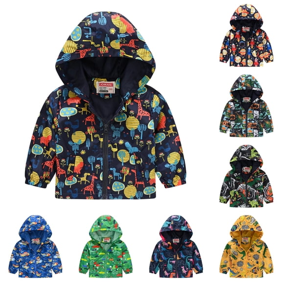 Krdevn Kids Cartoon Print Hooded Jacket Full Zip Windproof Outerwear Long Sleeve Casual Coat for Boys Girls Outdoor Wear,4-5 Years