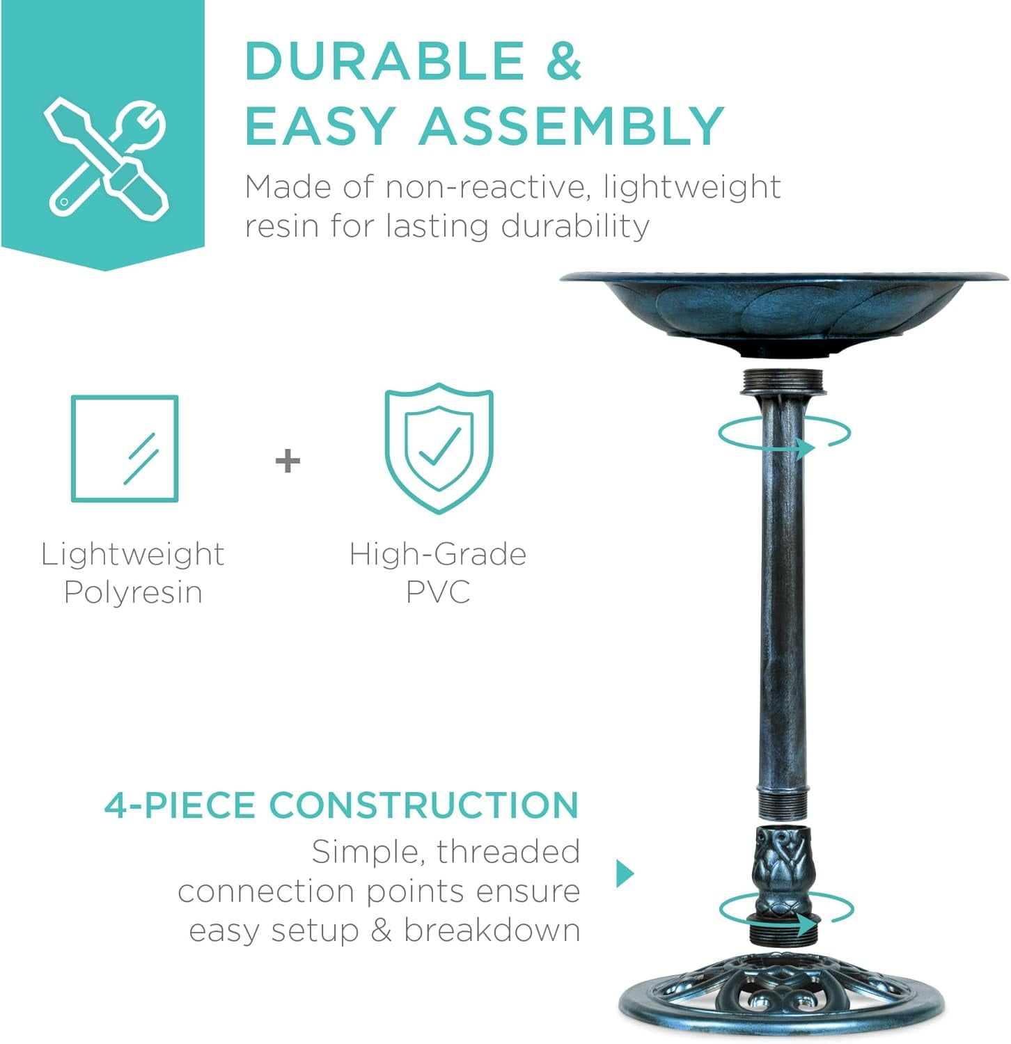 NIUMU  28in Pedestal Bird Bath, Vintage Outdoor Resin Accent Decoration w/Fleur-de-Lis Accents - Peacock Blue