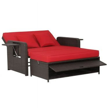 Demifill Patio Rattan Daybed, Daybed with 4-Level Adjustable Backrest and Retractable Side Tray, 3-in-1 Multifunctional Sofa Set for Outdoor, Red