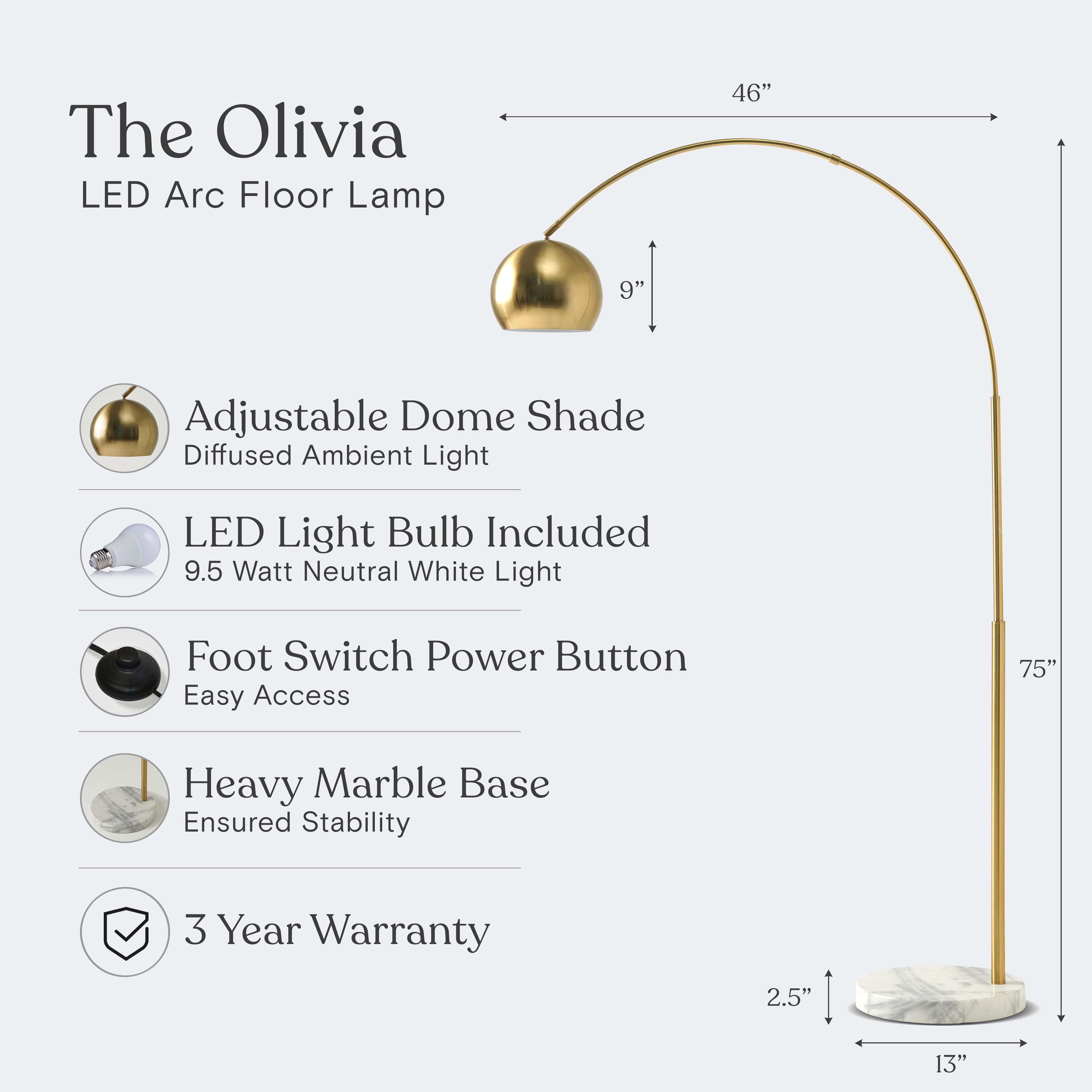 Brightech Olivia Floor Lamp, Arc Lamp for Living Rooms, Standing Lamp With LED Light Bulbs for Bedroom Reading, Great Living Room Décor, Tall Lamp for Offices – Brass/Gold