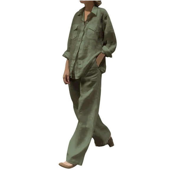 qolati Cotton Linen Lounge Sets for Women Plus Size Long Sleeve Button Down Shirts and Wide Legs Pants Tracksuits 2 Piece Travel Outfits 2024 Summer Casual Matching Set