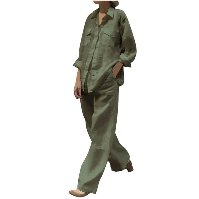 Timegard Cotton Linen Outfits for Women Button up Long Sleeve Collared Plus Size Tops with Pockets Wide Leg Pants Sets