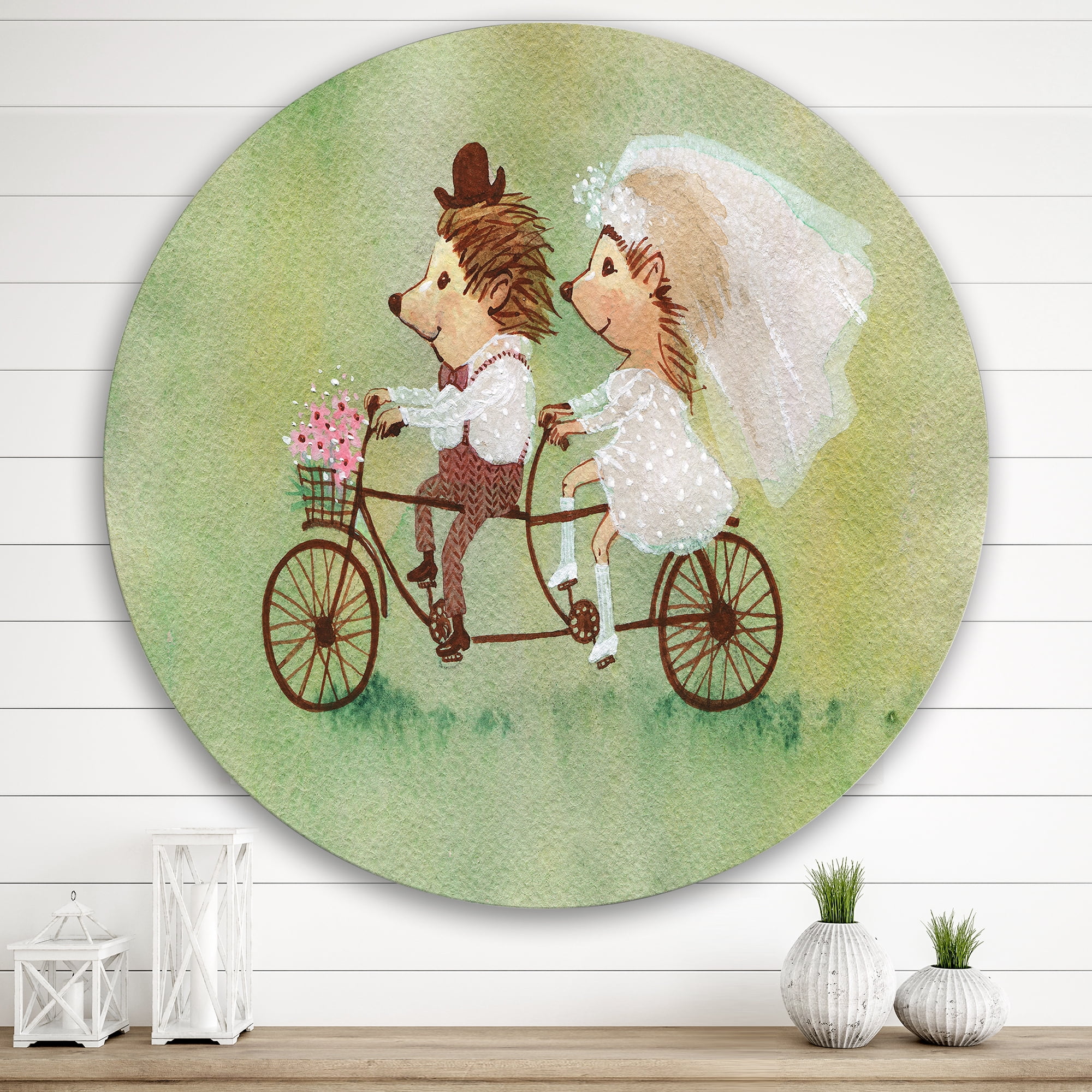 Designart 'Wedding Couple of Hedgehogs Riding A Bike' Traditional Circle Metal Wall Art 29x29 - Disc of 29