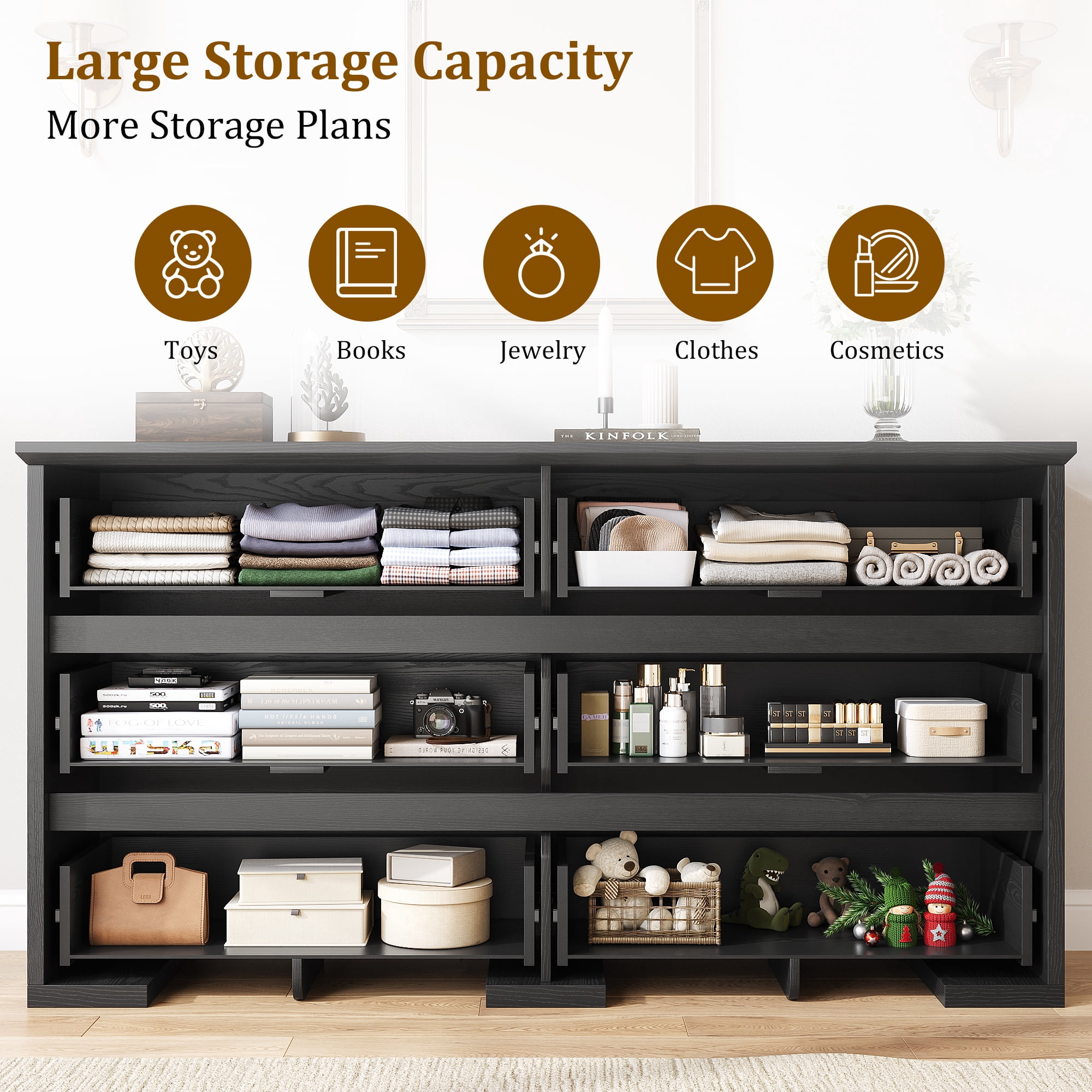 Laintene Farmhouse Dressers for Bedroom, 54" Wide 6 Drawer Dresser with Carved Panel Design, Large Storage Chest of Drawers for Bedroom, Living Room, Black