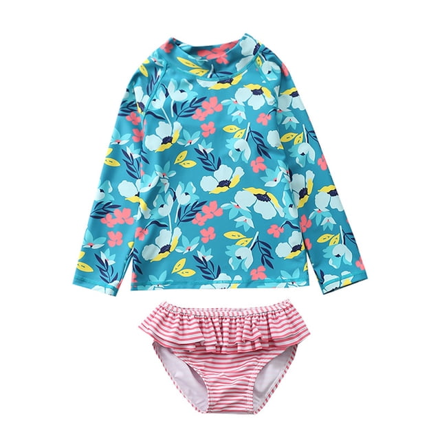 HAWEE Little Girls Two Pieces Rash Guard Swimsuit Set Long Sleeve Print Bikini Bathing Suit UPF50+ Beach Swimwear