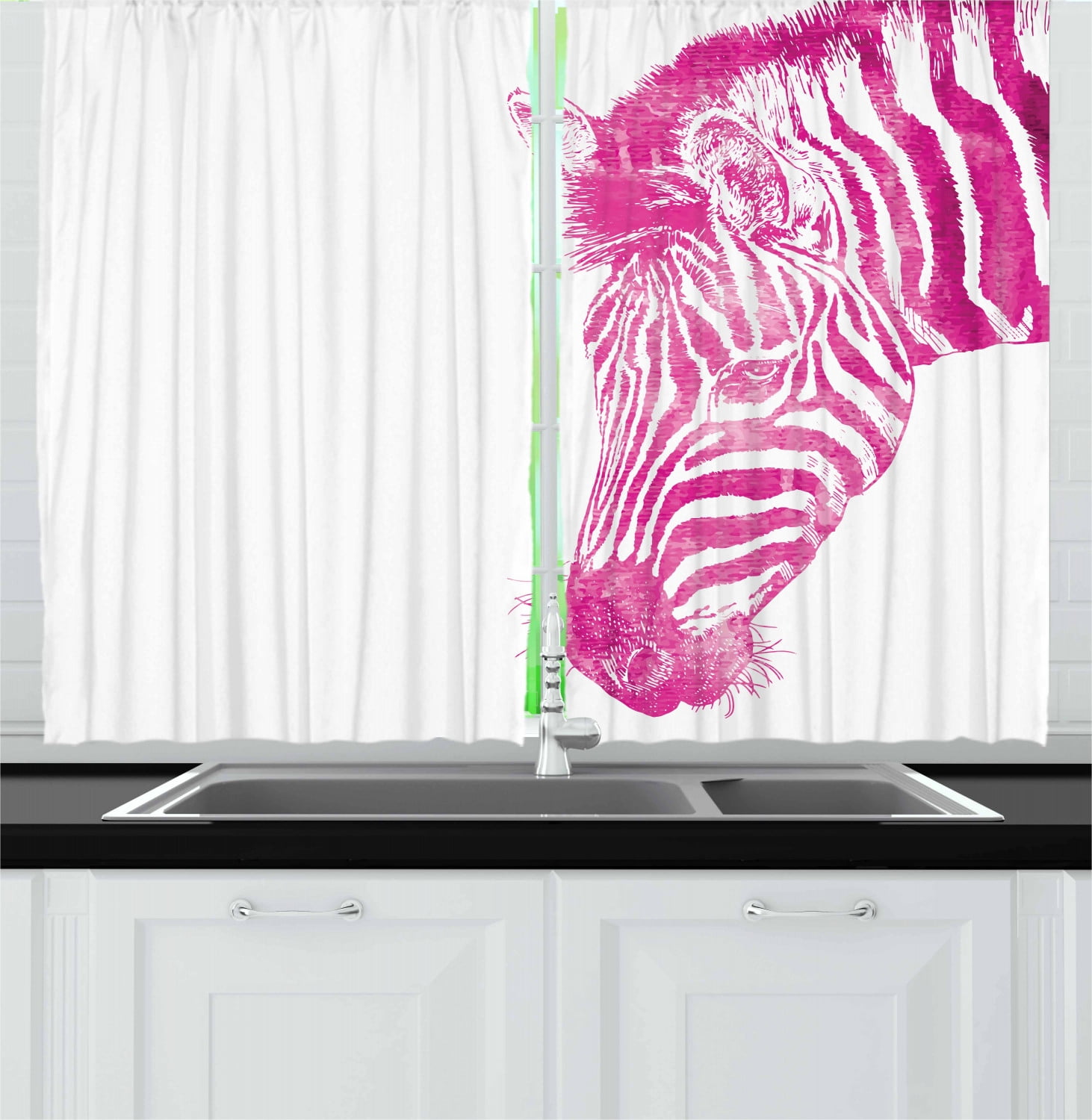 Pink Zebra Curtains 2 Panels Set, Head of Zebra Vibrant Portrait
