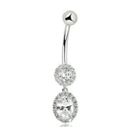 AVORA 10K White Gold Simulated Diamond CZ Oval and Round Dangling Belly Button Ring Body Jewelry (14 Gauge)
