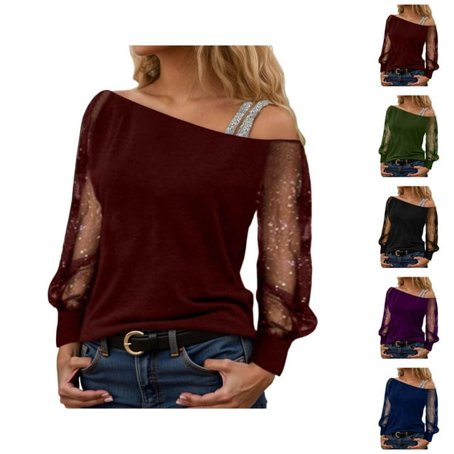 Womens Sparkle Top 2026 Spring Trendy Y2K Long Sleeve Off Shoulder Mesh T Shirts Going out Top Rave Outfits