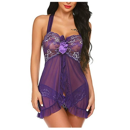 

HAPIMO Sales Women s Sexy Lingerie Lace Cozy Babydoll See Through Mesh Plus Size Strap Chemise Halter Pleat Swing Nightwear Nightgown Purple XL